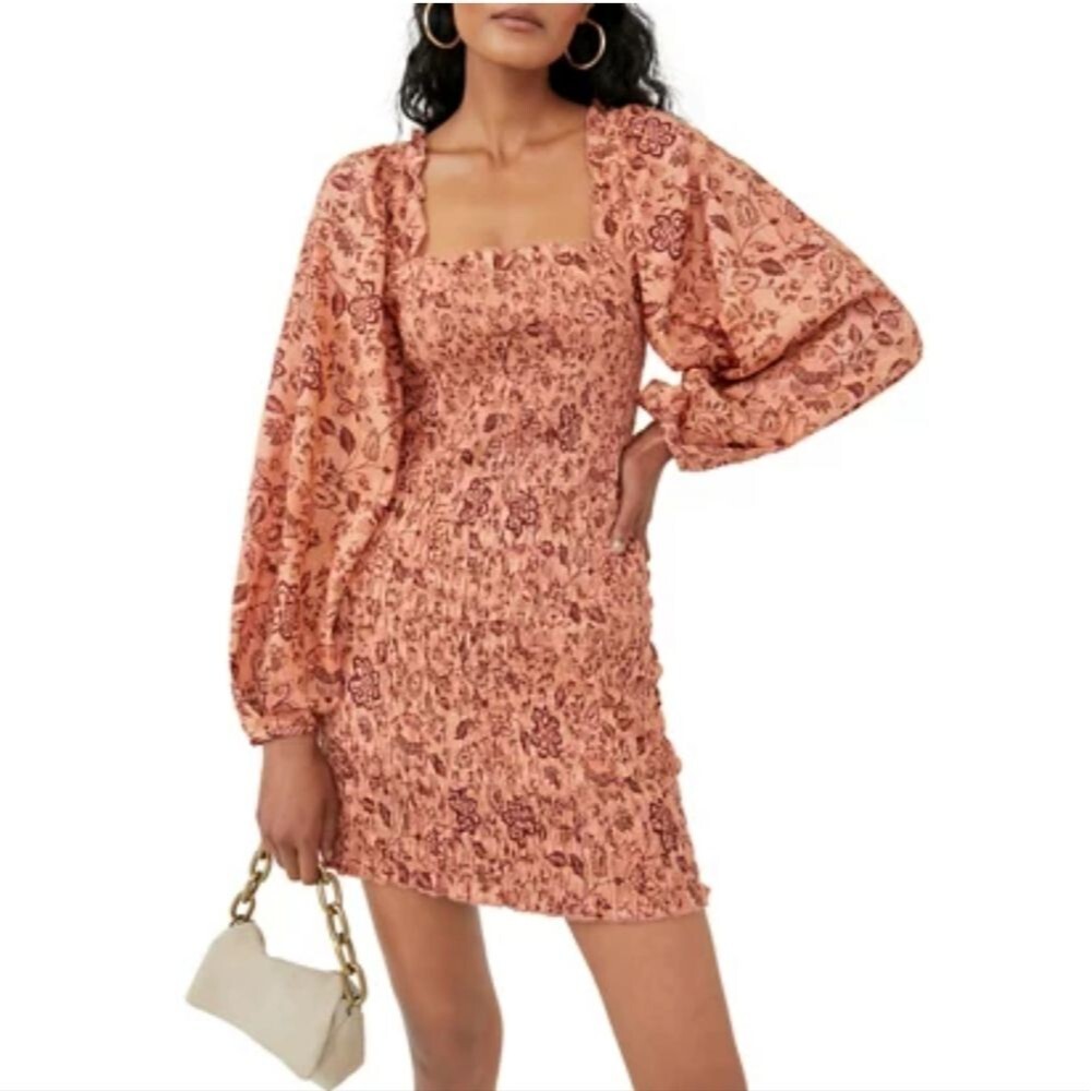 NWT Free People Smock It To Me Mini Dress Apricot Combo Size S